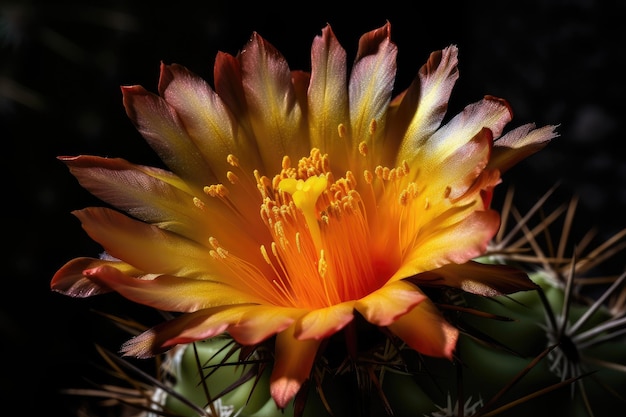 Closeup of cactus flower with the bright petals and yellow center in full bloom created with generative ai