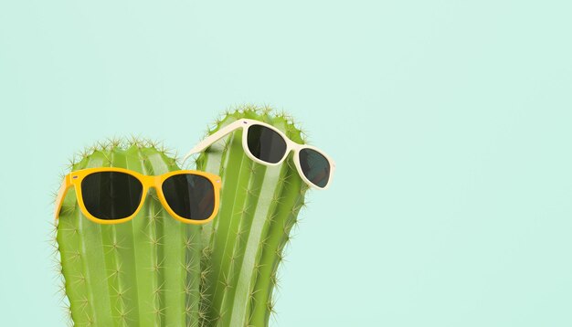 Closeup of cactus with sunglasses on blue background