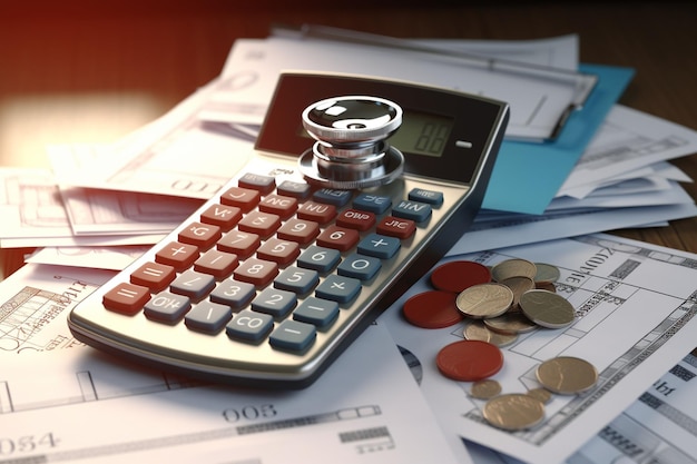 Closeup of a calculator surrounded by medical Generative ai