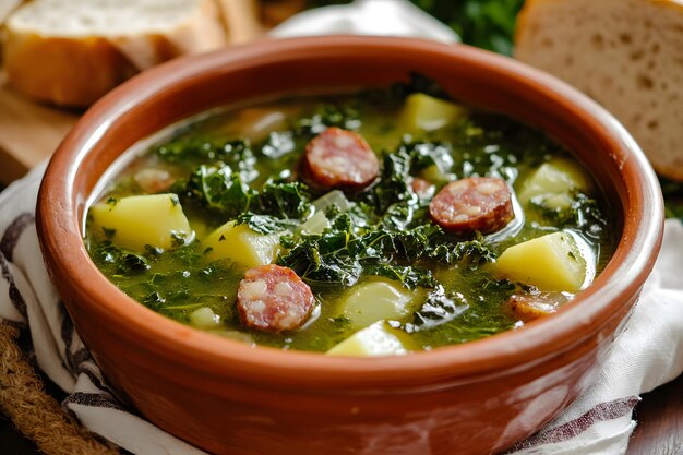 Photo closeup of caldo verde soup with vibrant green kale potatoes and chourico in a rustic earthenware bowl