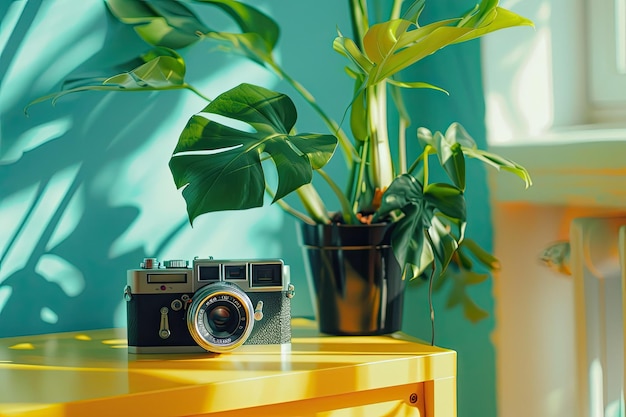 Photo closeup of camera and houseplant on yellow table