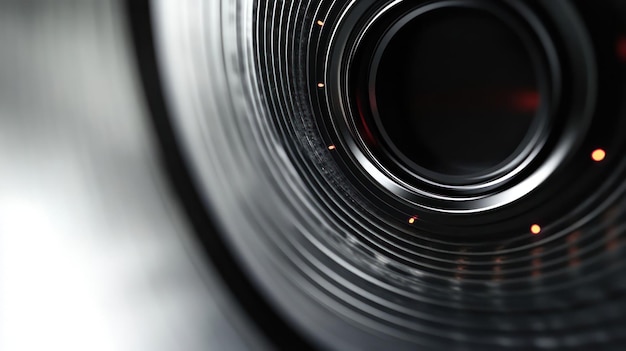 Photo closeup of a camera lens showcasing intricate details and light reflections