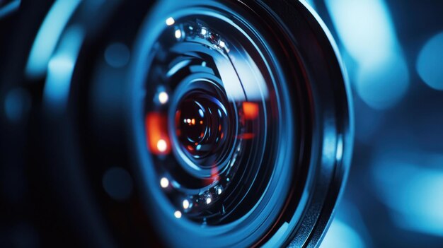 Photo closeup of a camera lens showcasing intricate details and reflections