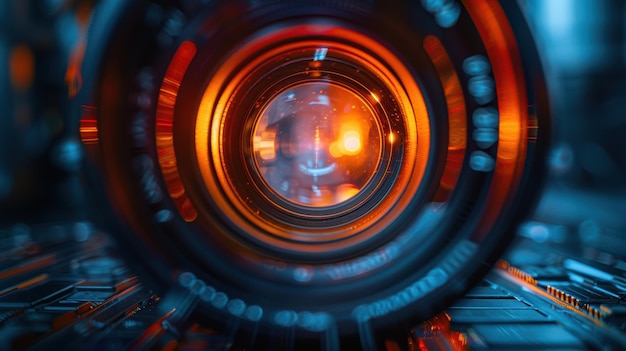 Photo closeup of camera lens with creative lighting and reflections in a hightech environment