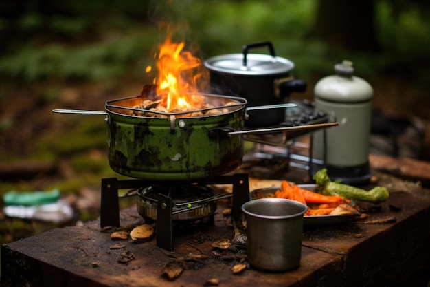 Closeup of a camp stove with a pot of food