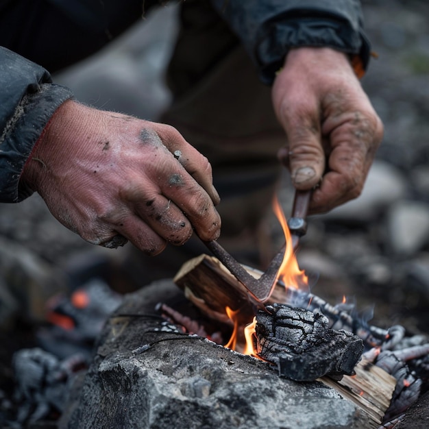 Photo a closeup of a camper starting a fire using a flint and steel