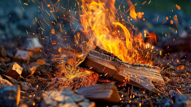 A closeup of a campfire being lit with a flint sparks flying dry wood and kindling arranged in a neat pile dusk light warm and inviting mood detailed photography