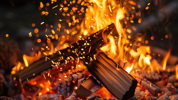 A closeup of a campfire being lit with a flint sparks flying dry wood and kindling arranged