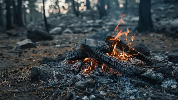 A closeup of a campfire burning in a forest The fire is surrounded by rocks and pine needles