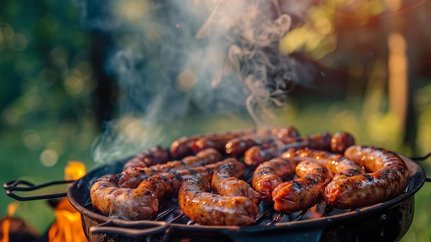 A closeup of a campfire grill with sizzling sausages smoke