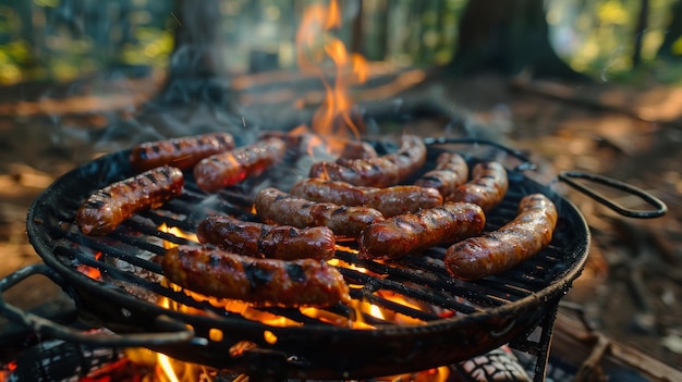 A closeup of a campfire grill with sizzling sausages smoke