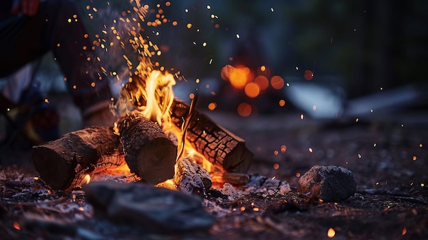 A closeup of a campfire with logs burning brightly sparks