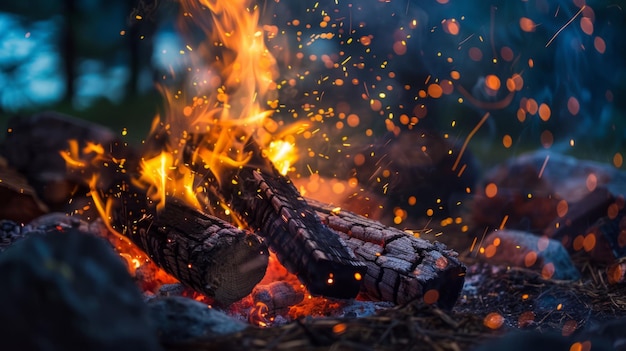 A closeup of a campfire with logs burning brightly sparks