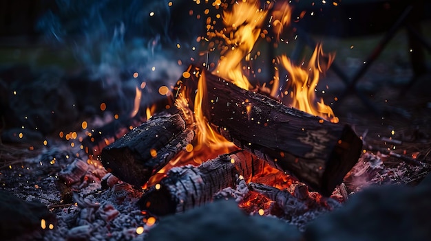 A closeup of a campfire with logs burning brightly sparks