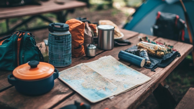 Photo a closeup of camping essentials laid out on a picnic table including a map cooking gear and food supplies ready for a camping adventure