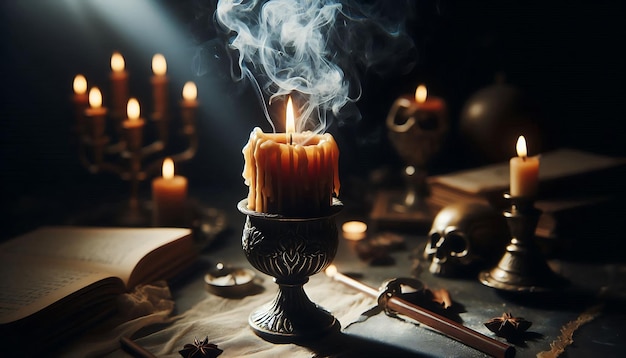 Photo closeup candle with smoke and spellcasting elements