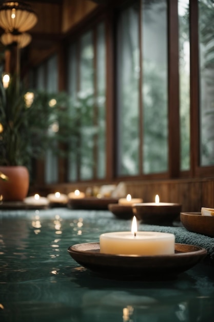 Closeup of candles in the pool water at the spa Skin care Spa youth bathroom relaxation relaxation concepts