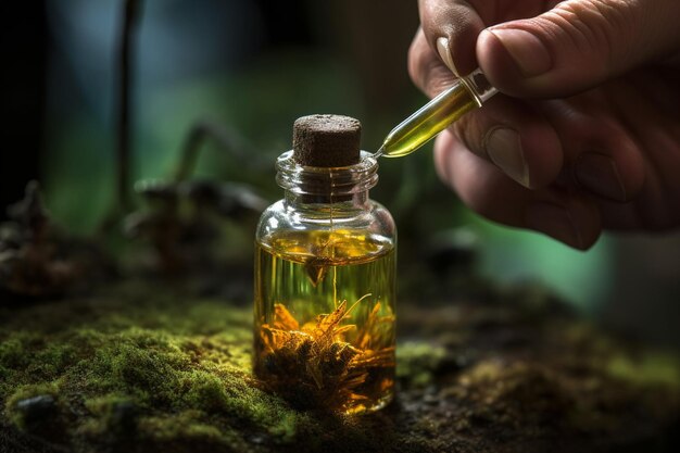 Photo closeup of cannabis oil being dispensed into vial