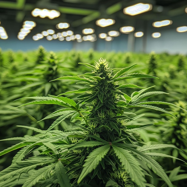 Photo closeup of a cannabis plant budding under artificial lights