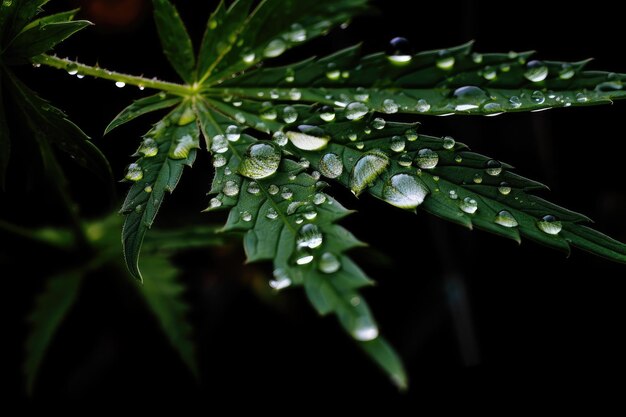 Closeup of cannabis plant with droplets of water on its foliage