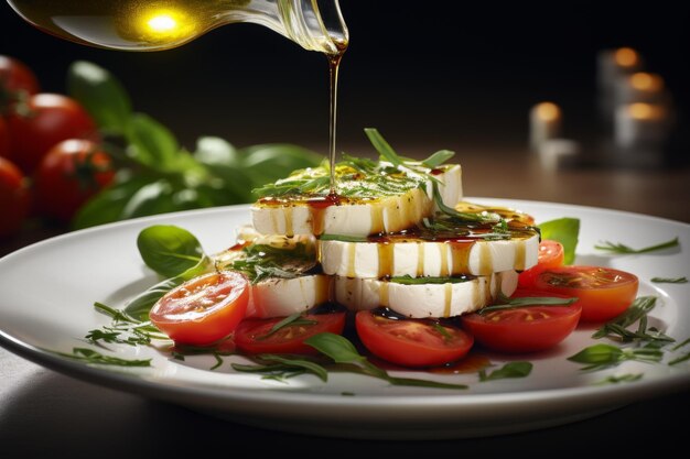 Closeup caprese salad with drizzling olive oil on black fresh vegetarian dish Italian Cuisine