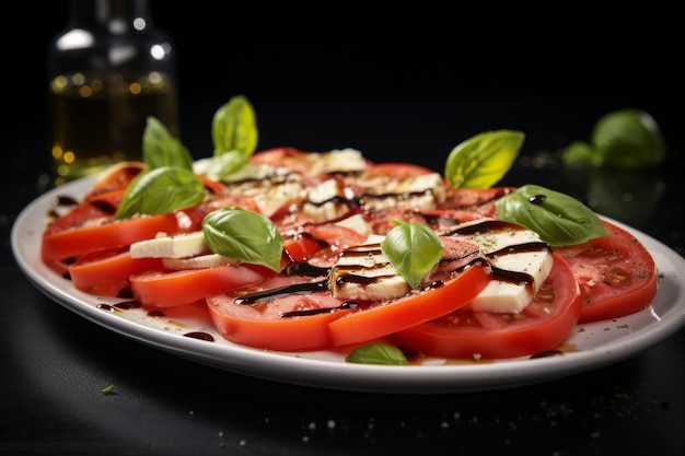 Closeup caprese salad with drizzling olive oil on black fresh vegetarian dish Italian Cuisine