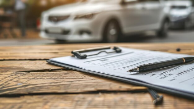 Photo closeup of a car accident report form with pen and clipboard