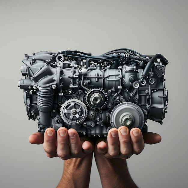 A closeup of a car engine held in two hands