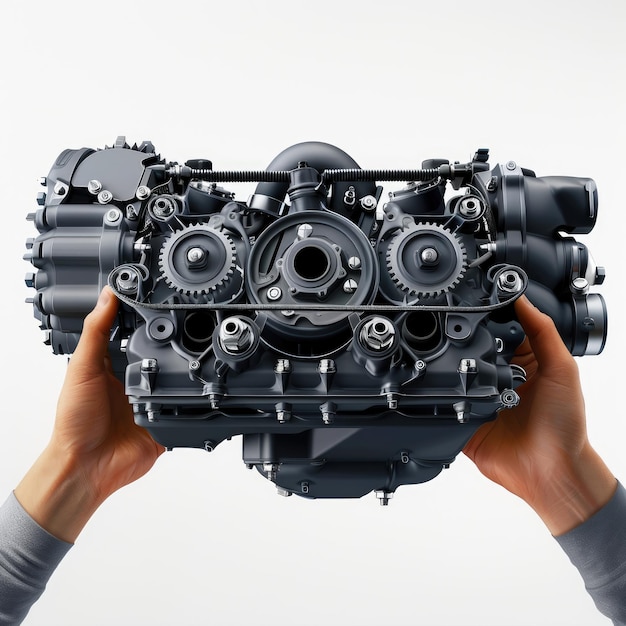 A closeup of a car engine held in two hands