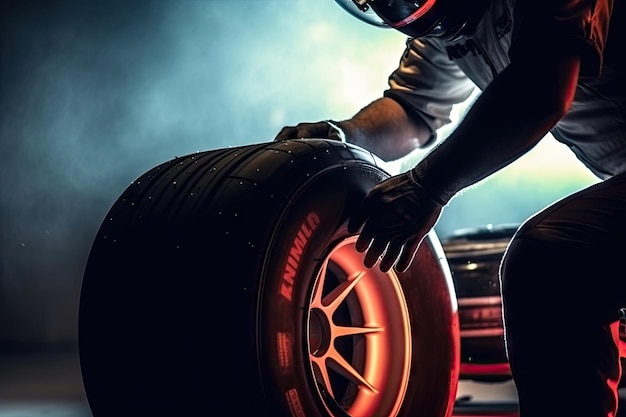 Closeup car mechanic changing tires flare light background racing car f1