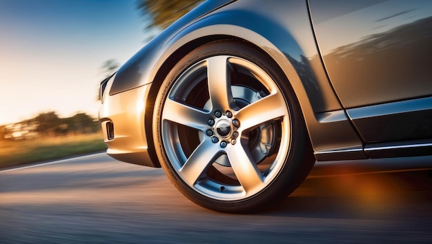 Closeup of a car wheel speeding down a highway at sunset with the road and motion blur