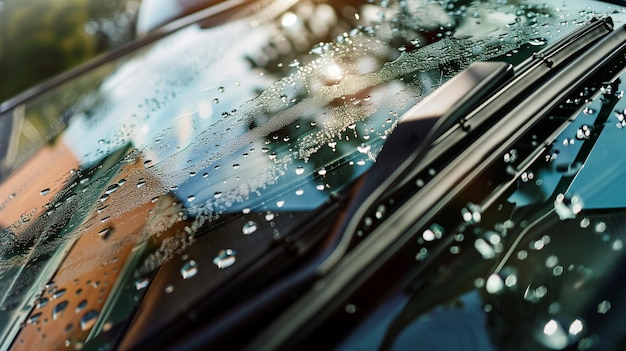 Closeup of a car windshield with reflections of buildings