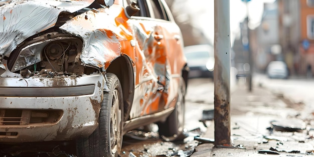 Closeup of car with damaged bumper and hood after collision with pole Concept Car Accident Damaged Bumper Collided with Pole Closeup Shot Vehicle Damage