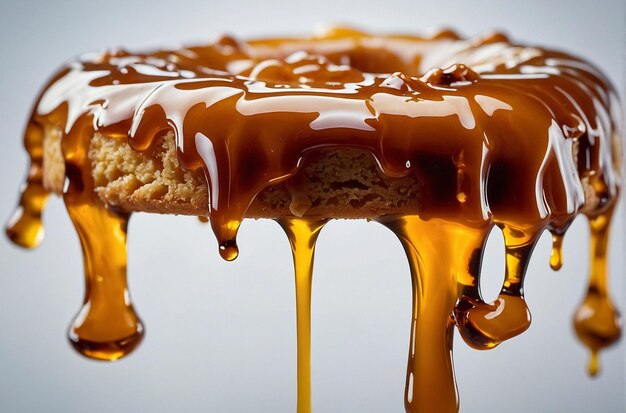 Closeup of a caramel drizzle on a des