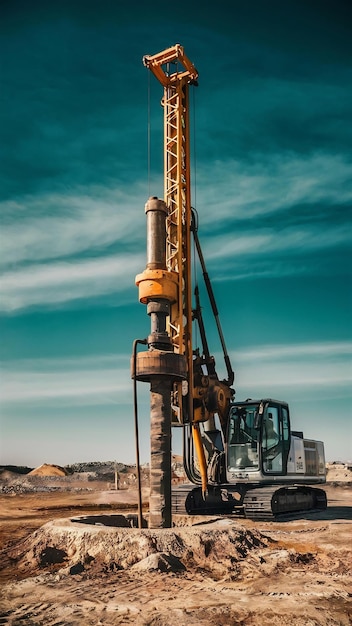 Photo closeup of a carbased drilling rig at a construction site drilling deep wells for mining working pr