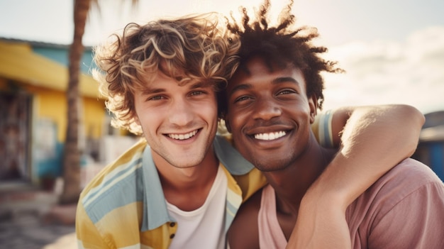 Closeup of a carefree smiling young multiracial gay couple enjoying their summer vacation