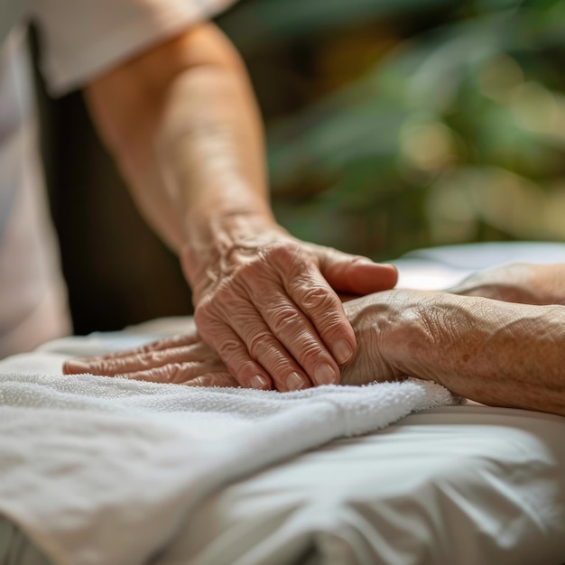 Photo closeup of a caregiver holding an elderly persons hand emphasizing care support and compassionate service in a nurturing environment