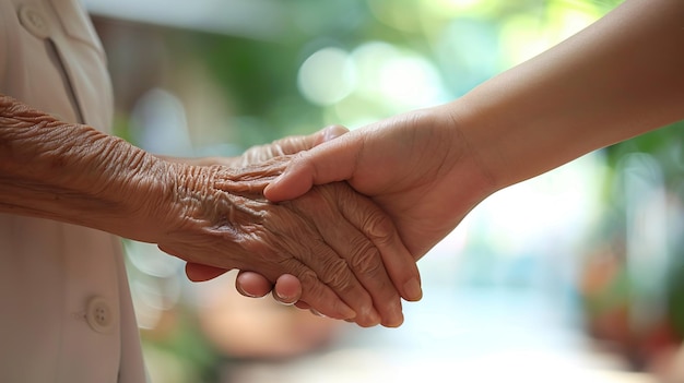 Photo closeup of caregiver holding elderly persons hand