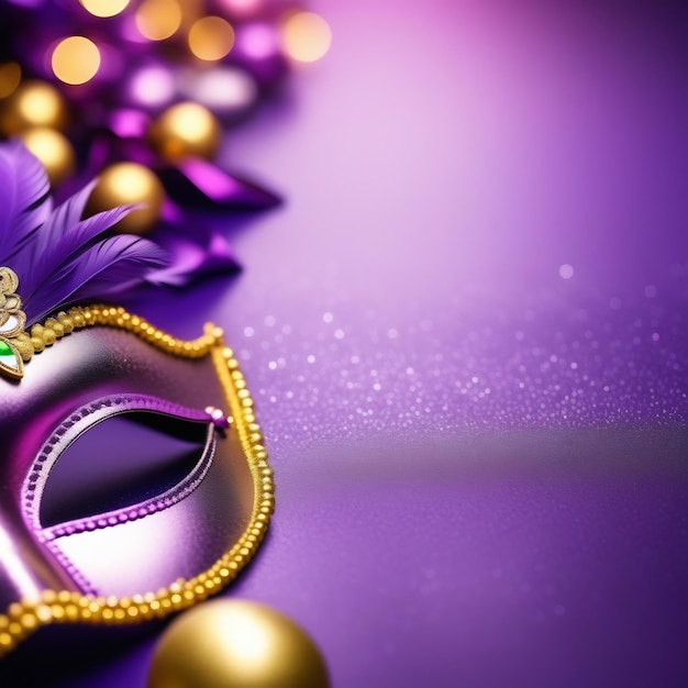 Closeup of the carnival mask and beads for the festive Mardi Gras masquerade on a purple background