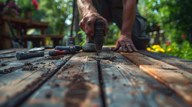 Closeup of a carpenter drilling into a wooden plank outdoors with tools scattered around