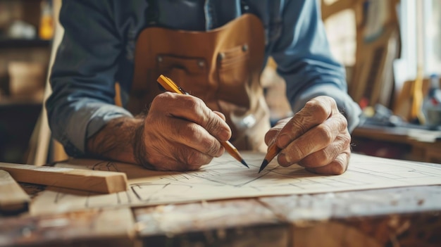 Photo closeup of a carpenters hands measuring and marking wood on a workbench showcasing precise craftsmanship in a workshop setting