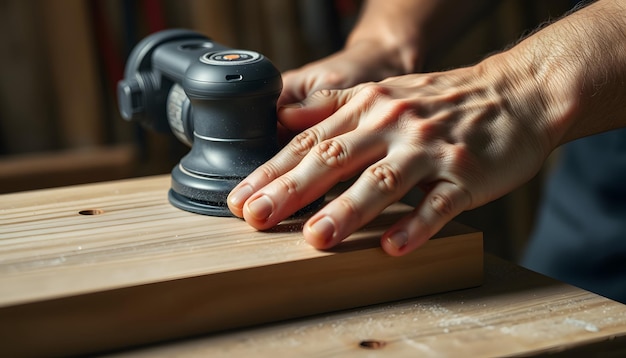 Photo closeup of carpenters hands sanding wood with belt sander isolated with white highlights