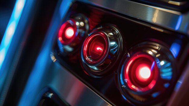 Photo closeup of a cars interior with red and blue lights