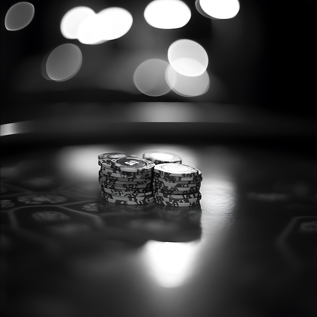 Photo closeup of casino chips on a black table