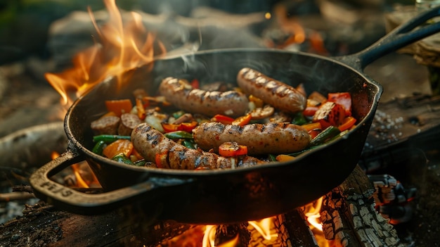 A closeup of a cast iron skillet cooking on a campfire sizzling sausages and vegetables forest background warm and appetizing vibe detailed photography