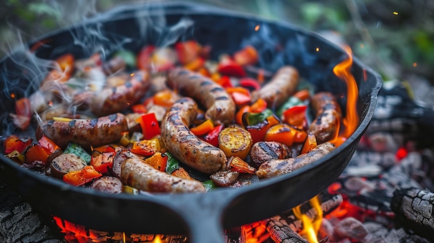 A closeup of a cast iron skillet cooking on a campfire sizzling sausages and vegetables forest background warm and appetizing vibe detailed photography