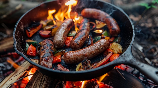 A closeup of a cast iron skillet cooking on a campfire sizzling sausages