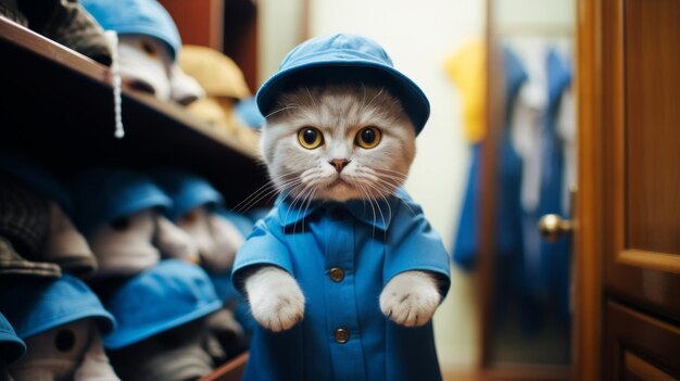 A closeup of a cat dressed in blue work clothes Generative AI