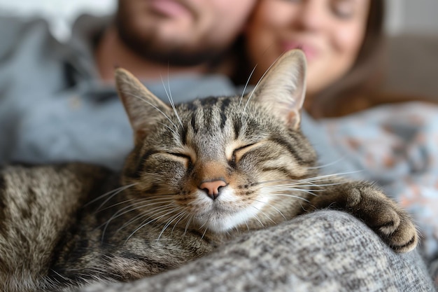 Photo closeup of cat resting with couple in background