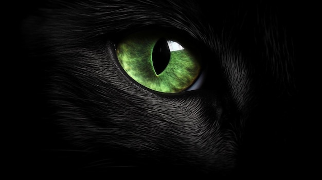 Closeup of a cat's green eye on a black backgroundgenerative ai